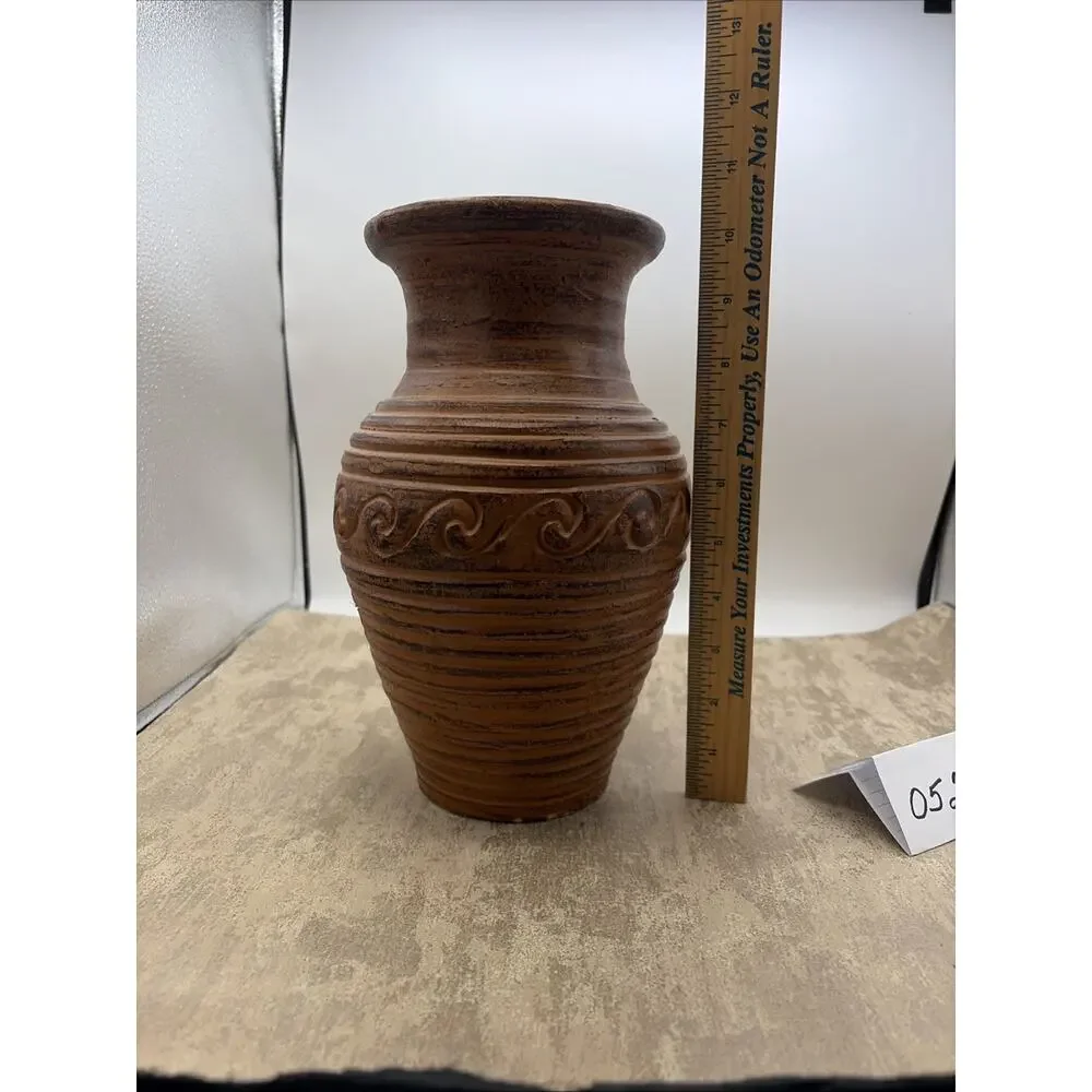 Vintage Hand Thrown Clay Vase With Wave Patterns And Rustic Brown Finish